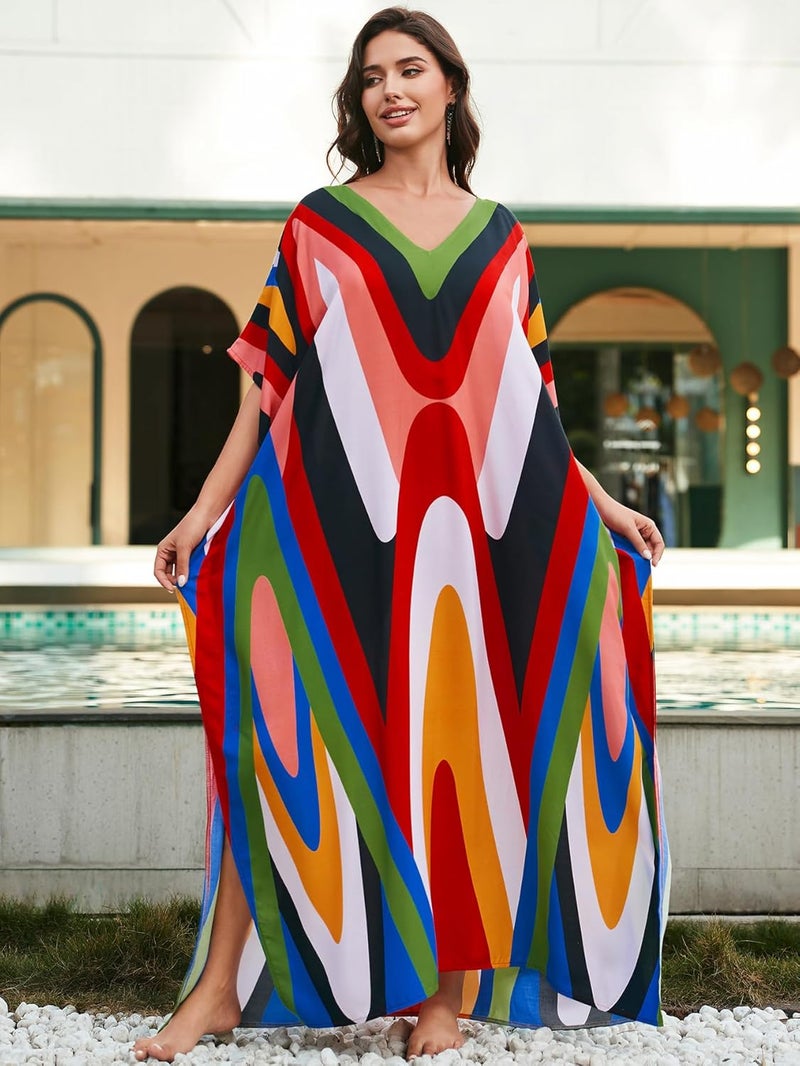 IMAGEKOPE Women's Plus Size Loose Fit Moroccan Print V-Neck Batwing Kaftan Beach Dress Bathing Suit Cover Up - Image 3